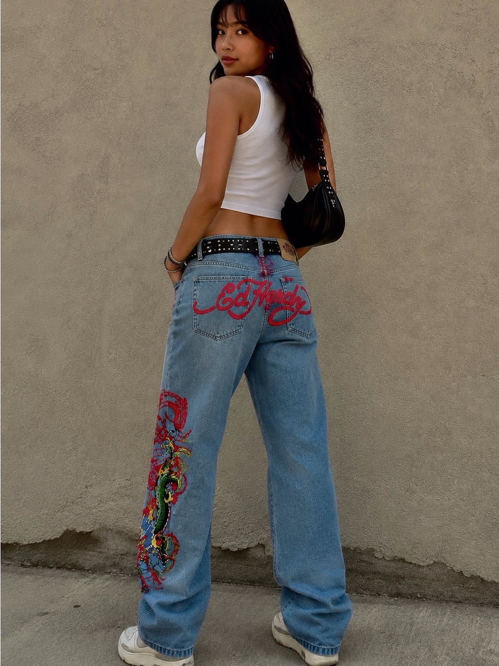 Y2K Style Ed Hardy Relaxed Fit Blue Denim Red Logo & Dragon Tattoo Art, 30 waist